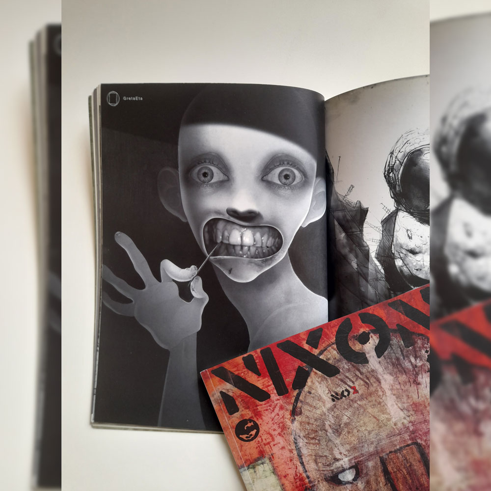Illustrazione ‘Buon Appetito’ pubblicata sull’antologia collettiva del fumetto indipendente intitolata Nixon, curata da Akab (Gabriele di Benedetto) per l’editore Arsenale. La rivista a fumetti è un viaggio nell’ombra della psiche.