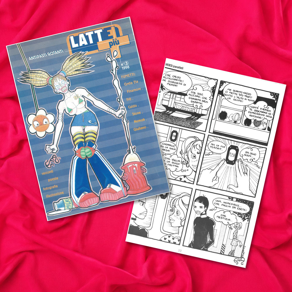 Il terzo numero della fanzine Lattepiù, creata dall’Associazione culturale Magma, ente attivo nella promozione di eventi e cultura alternativa in Veneto, contiene la storia a fumetti “Universi Paralleli”. Gretaeta ne realizza anche la copertina illustrata.